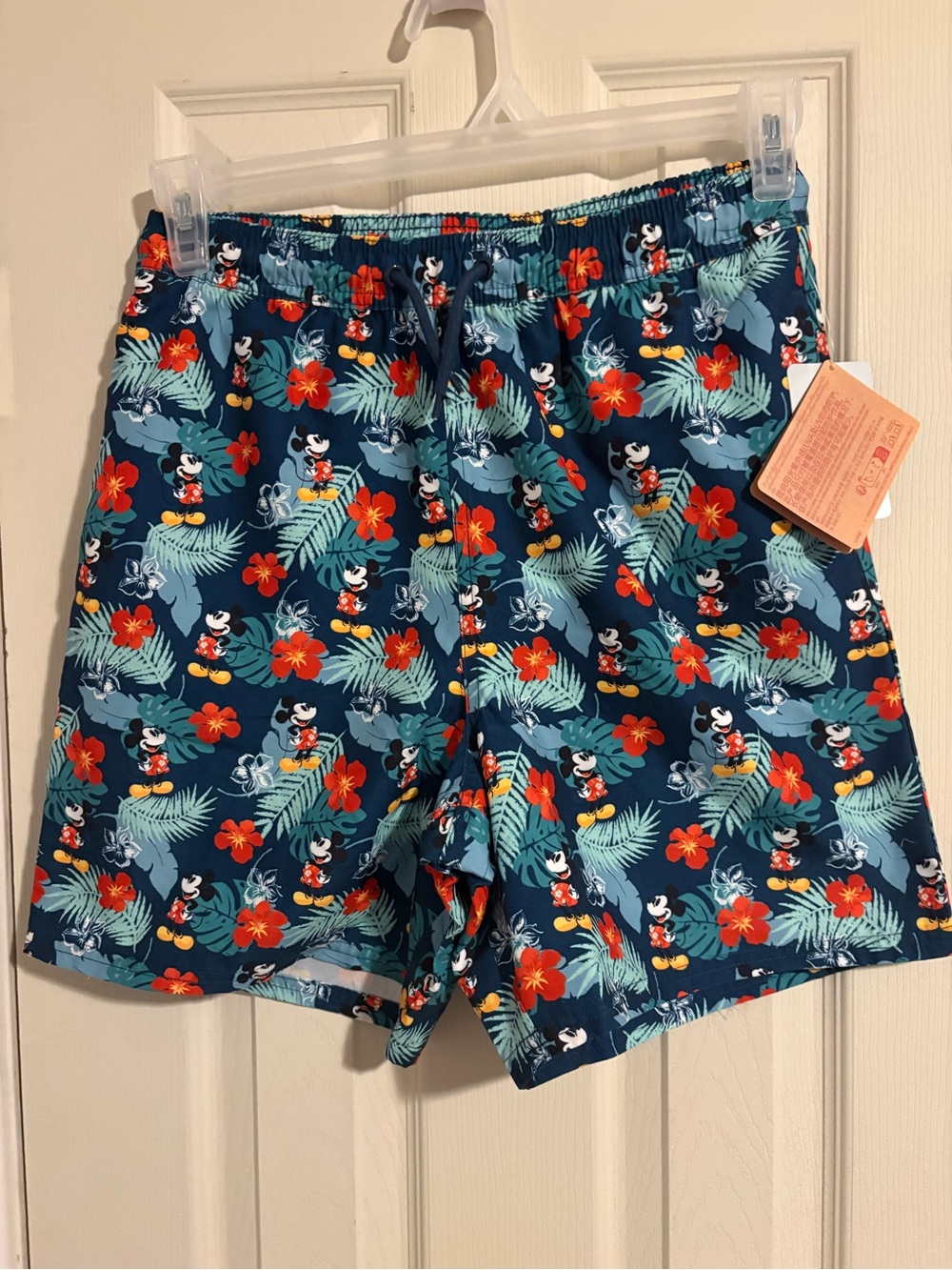 Disney Navy Swim Trunks with Red Floral & Teal Leaf Mickey Print